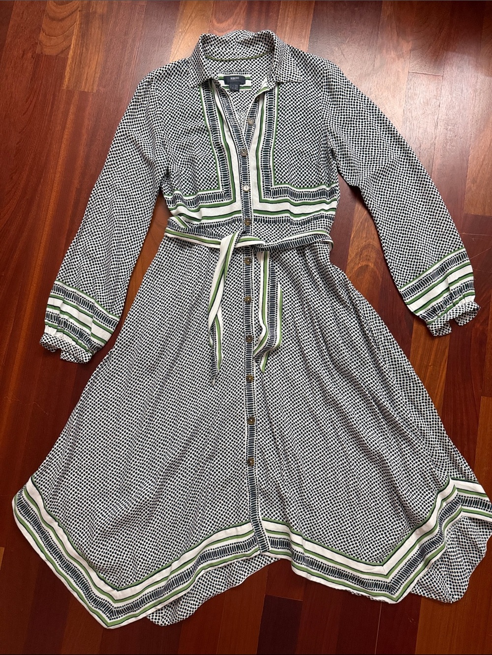 Button-Front Shirt Dress with Green Stripe Detail